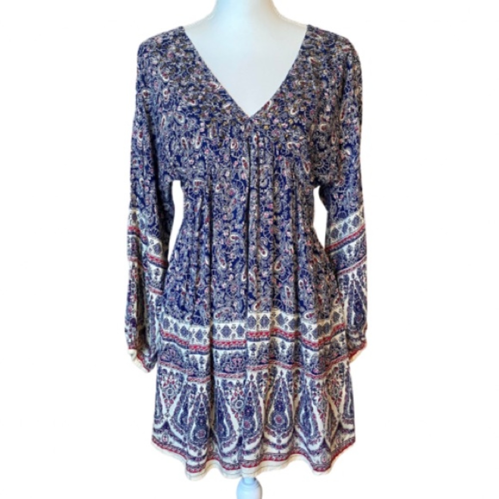 NWT En Créme Boho Peasant Dress | Navy Paisley Design + Beaded V-Neck (S)